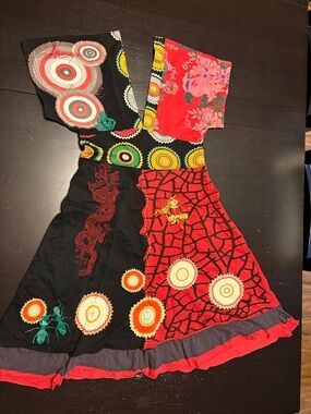 Desigual Colorful Patchwork Red Black Floral Dragon Midi Dress